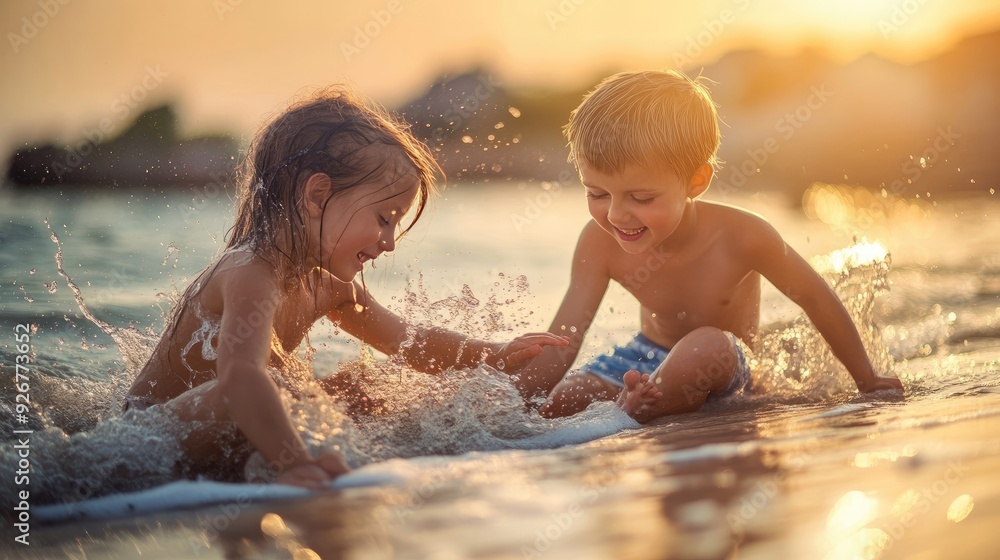 Happy Kids Playing on a Beach with Sand and Sea Happy Kids Playing on a Beach with Sand and Sea