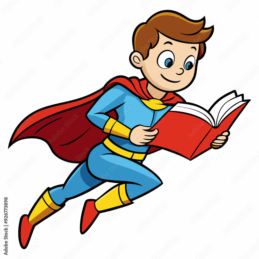 Vector little boy dressed as a superhero reading a book Vector little boy dressed as a superhero reading a book