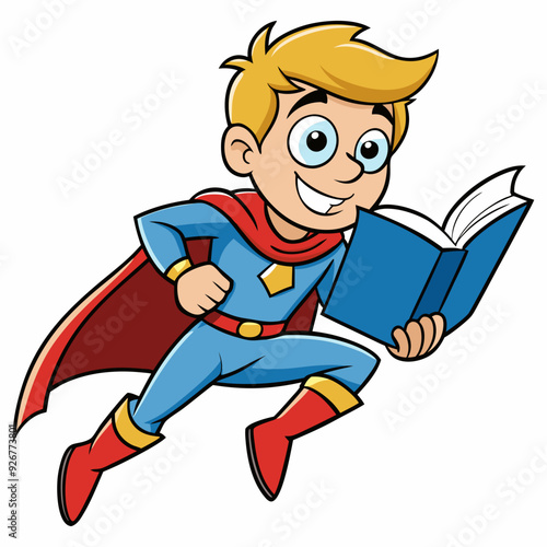 Vector little boy dressed as a superhero reading a book