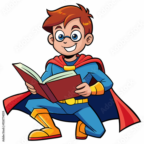 Vector little boy dressed as a superhero reading a book