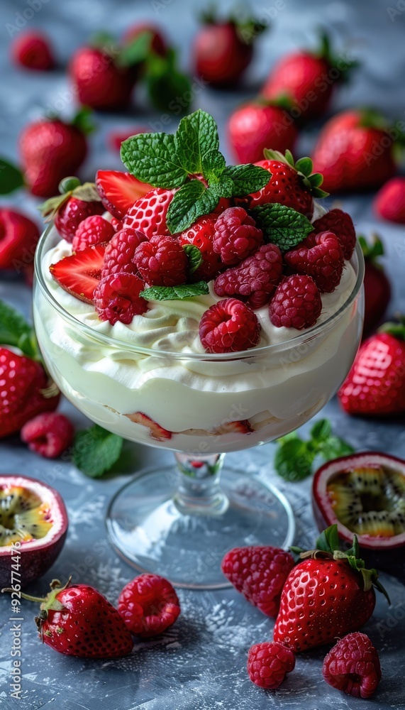 Fresh berries and cream dessert in a glass bowl with mint leaves on a textured surface Fresh berries and cream dessert in a glass bowl with mint leaves on a textured surface