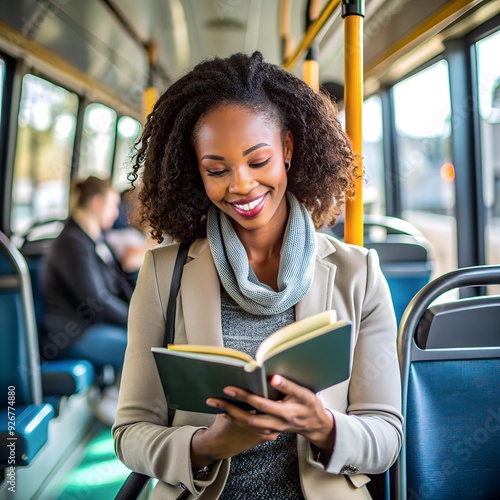 African American woman reading book wile commuting by bus. photo