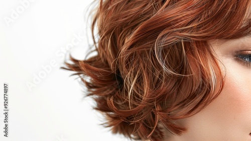 Stylish korean perm short bob hairstyle close up photo on plain white background
