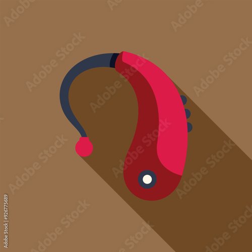 Red hearing aid improving hearing loss problem icon in flat style on a brown background