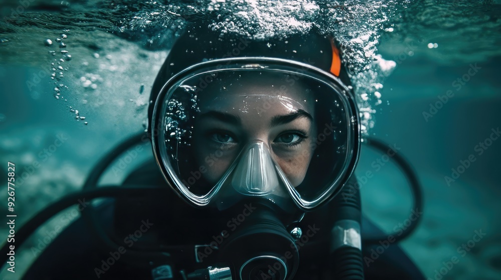 Female Diver in Diving Suit and Gear Navigating Open Sea Female Diver in Diving Suit and Gear Navigating Open Sea