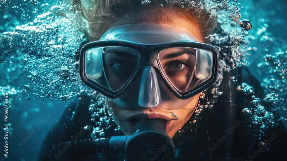Female Diver in Diving Suit and Gear Navigating Open Sea Female Diver in Diving Suit and Gear Navigating Open Sea