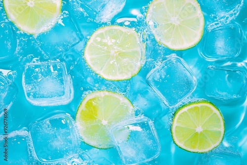 A vibrant blue background with ice cubes and slices of lime floating, creating a refreshing atmosphere for summer. photo