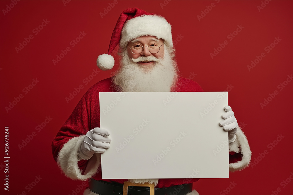 A photo of Santa Claus holding an empty sign, dressed in his traditional red suit and hat, ready to display a personalized message. A photo of Santa Claus holding an empty sign, dressed in his traditional red suit and hat, ready to display a personalized message.
