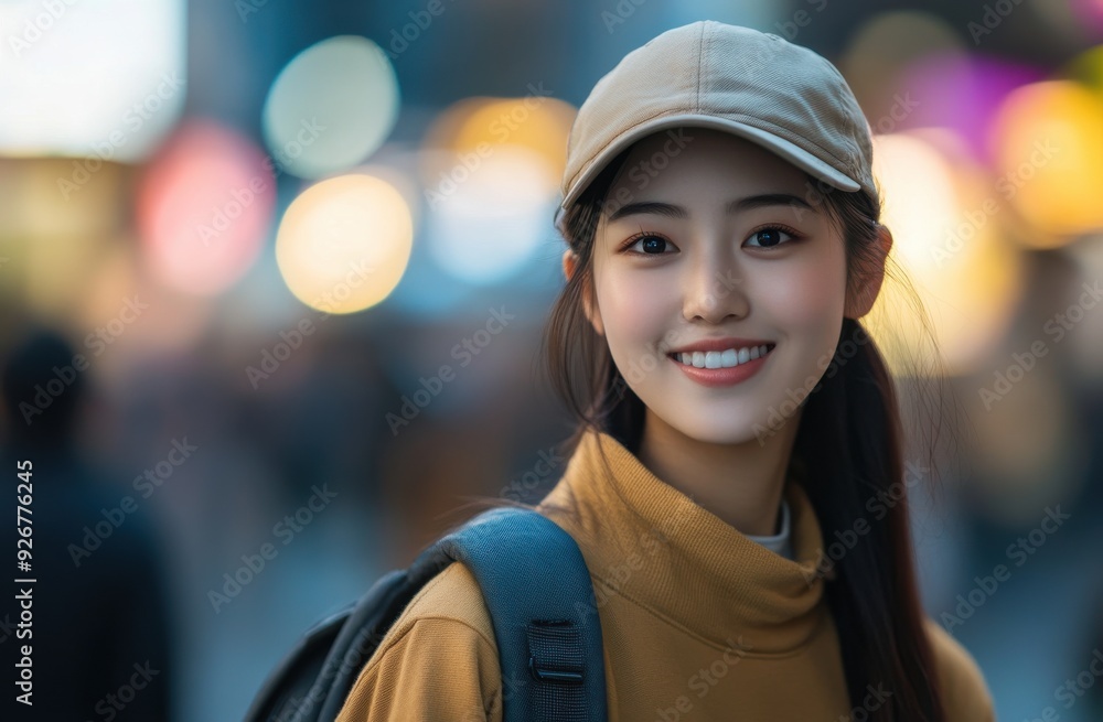 Japanese woman in a blue cap and orange shirt walks down a Tokyo street, with a shallow focus highlighting her joyful expression. Japanese woman in a blue cap and orange shirt walks down a Tokyo street, with a shallow focus highlighting her joyful expression.