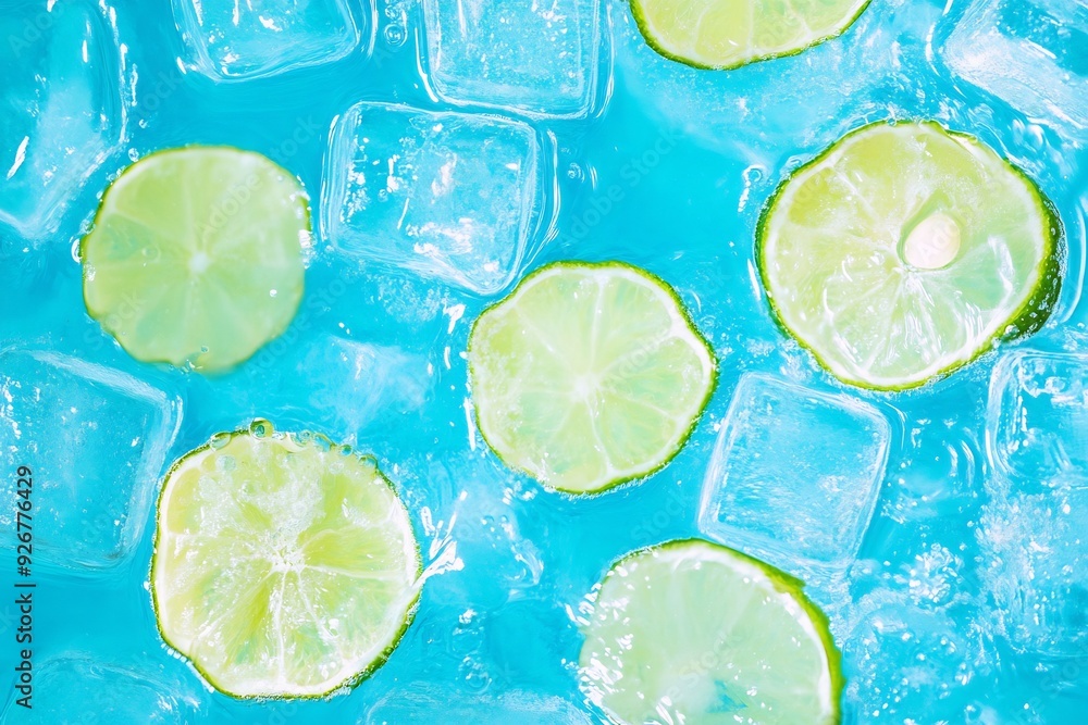 A vibrant blue background with ice cubes and slices of lime floating, creating a refreshing atmosphere for summer. A vibrant blue background with ice cubes and slices of lime floating, creating a refreshing atmosphere for summer.
