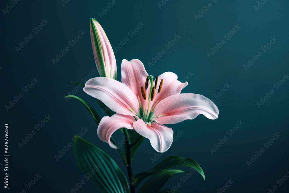 Delicate Pink Lily Bloom Against Dark Teal Background - Elegant Floral Photography