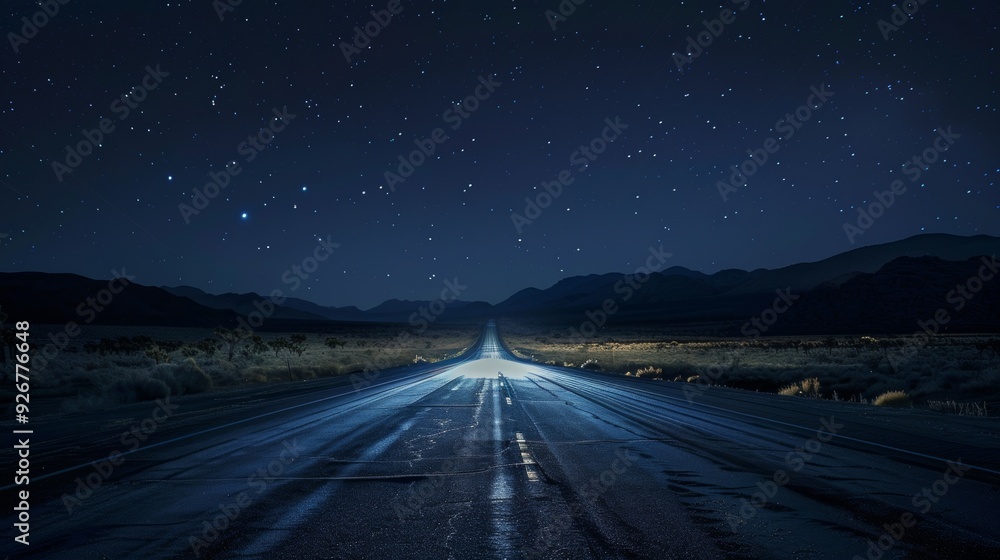Fototapeta premium Desert night drive with white led lights illuminating the road in a realistic image