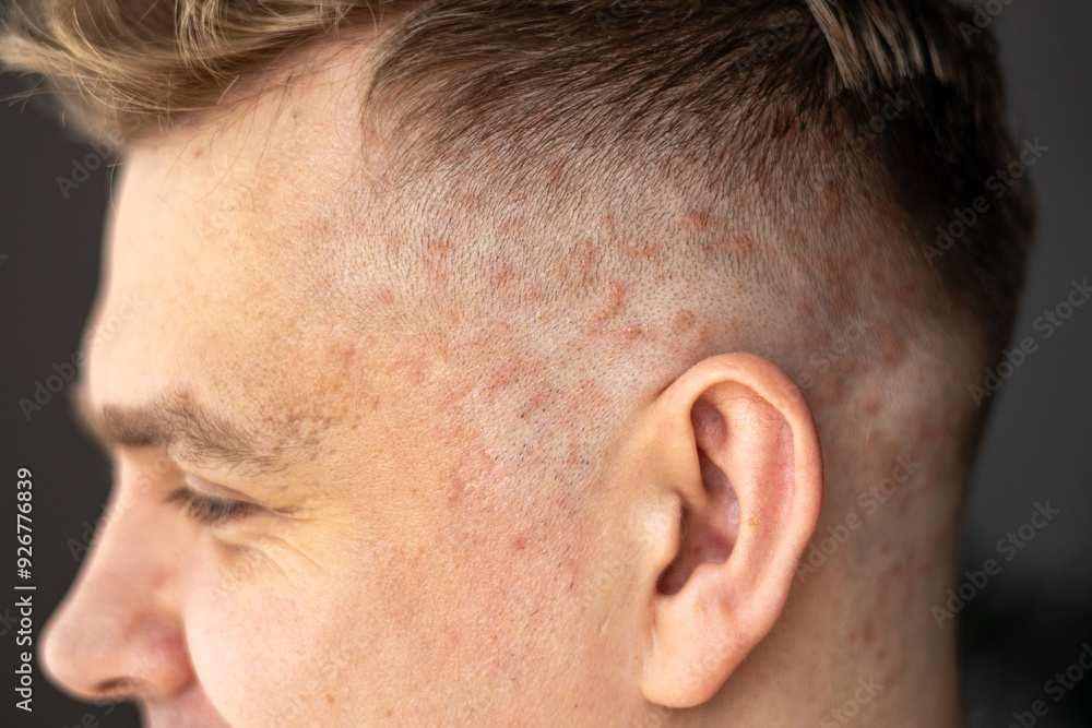 Psoriasis on the skin close-up, scalp, photos of dermatitis and eczema, skin problems concept, dermatology banner Psoriasis on the skin close-up, scalp, photos of dermatitis and eczema, skin problems concept, dermatology banner