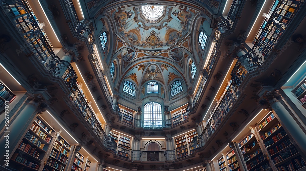 Obraz premium A building with a labyrinthine architecture, full of endless corridors of shelves with books, with very high ceilings and domes decorated with frescoes and stained glass