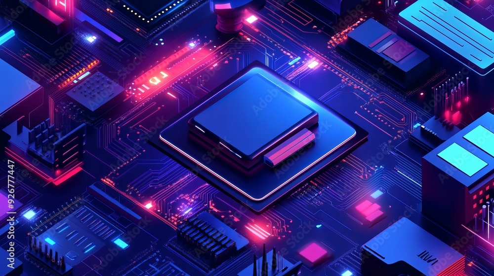 A computer processor with digital chip and electronic components on a motherboard or printed circuit board Isometric banner showcasing central computer processors and CPU concept Digital A computer processor with digital chip and electronic components on a motherboard or printed circuit board Isometric banner showcasing central computer processors and CPU concept Digital