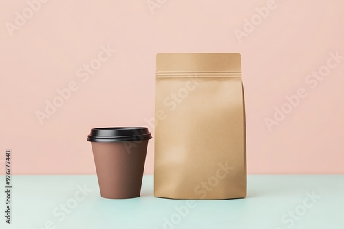 brown coffee bag mockup with a paper cup next to it on a pastel background photo