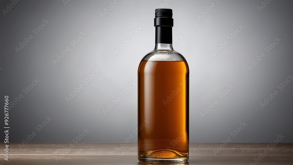 Bottle of amber liquid with a black cap placed on wooden surface Bottle of amber liquid with a black cap placed on wooden surface