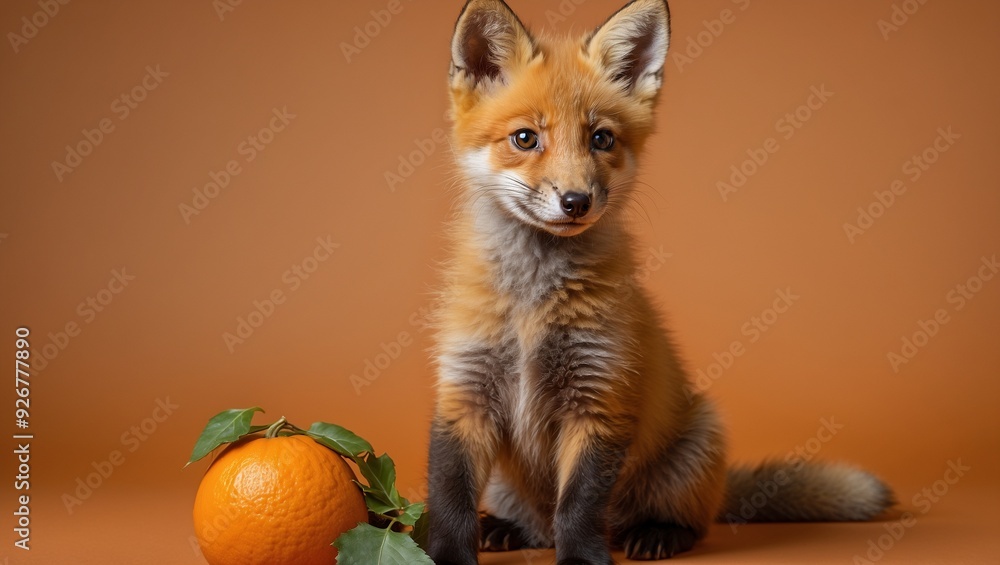 Fototapeta premium Adorable fox cub sitting beside an orange on a plain brown backdrop.