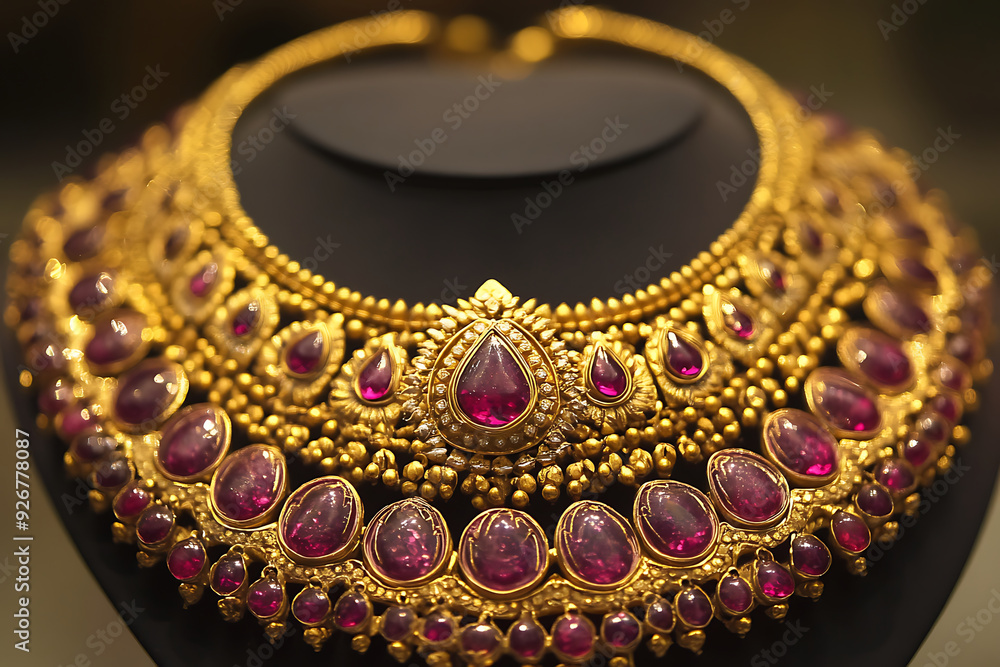 A beautiful golden necklace with multi colored gem stones on dark black background. A beautiful golden necklace with multi colored gem stones on dark black background.