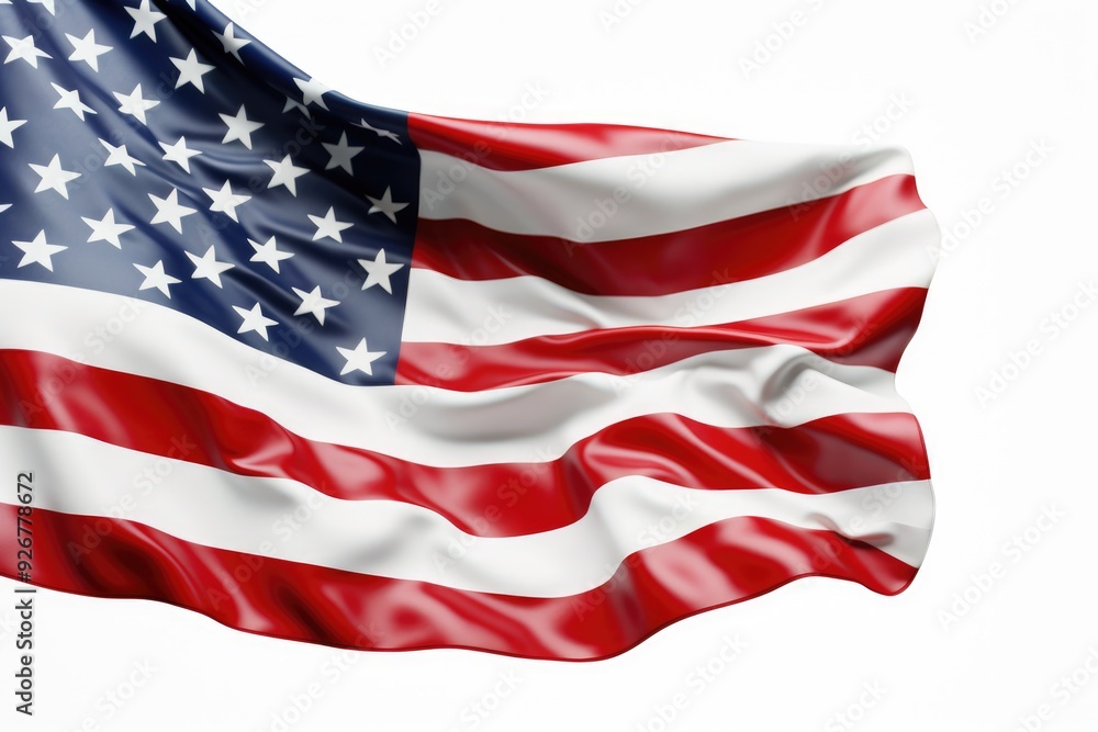 Fototapeta premium American flag waving on white background, United States national flag with silk texture, patriotic USA stars and stripes banner for national holidays