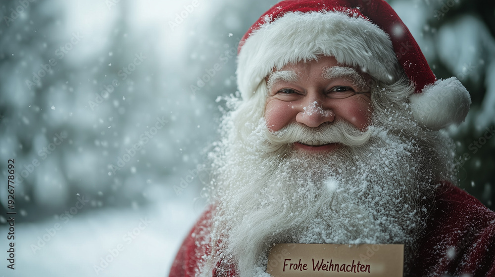 Ein Foto des Weihnachtsmanns, der ein Schild mit der Aufschrift „Frohe Weihnachten!“ hält, während er in seinem klassischen roten Anzug und Hut gekleidet ist und festliche Stimmung verbreitet. Ein Foto des Weihnachtsmanns, der ein Schild mit der Aufschrift „Frohe Weihnachten!“ hält, während er in seinem klassischen roten Anzug und Hut gekleidet ist und festliche Stimmung verbreitet.