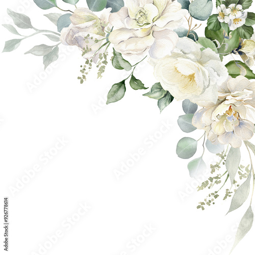 Watercolor white flowers border set. White roses, eucalyptus leaves. Floral background. Wedding frame. Invitation template. Greeting card