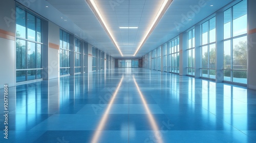 Empty Office Hallway with Bright Windows and Glossy Floor