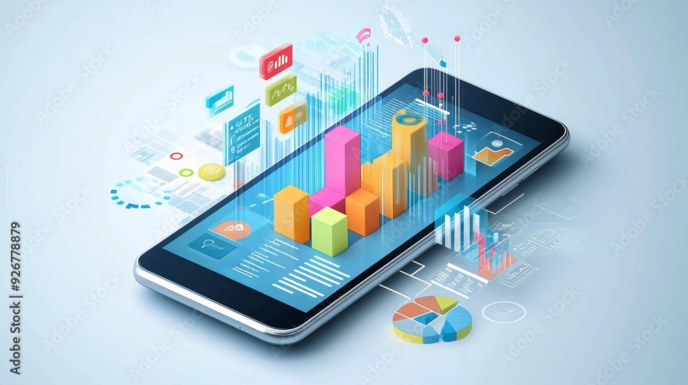 Application of a smartphone showing business graphs and analytics data on an isometric mobile phone Concept of analyzing trends and the software development coding process including Application of a smartphone showing business graphs and analytics data on an isometric mobile phone Concept of analyzing trends and the software development coding process including