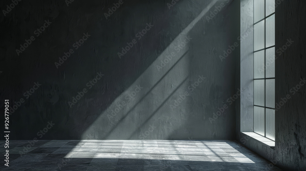 Dark concrete room with a large window, casting striking shadow patterns sunlight on the floor. The interplay of light and shadow creates a dramatic contrast, enhancing the minimalist, moody ambiance. Dark concrete room with a large window, casting striking shadow patterns sunlight on the floor. The interplay of light and shadow creates a dramatic contrast, enhancing the minimalist, moody ambiance.