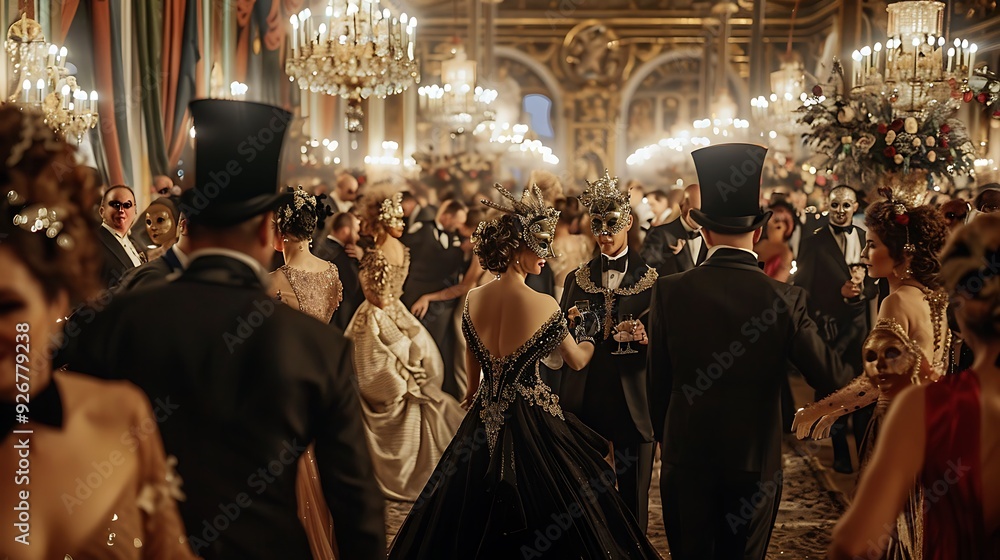 Guests dressed to the nines, wearing elaborate masks, dancing and chatting in a hall decorated with chandeliers, opulent curtains, and floral arrangements