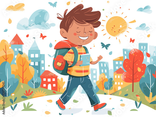 Happy boy with backpack walking in the autumn city. Back to school and education theme Vector illustration