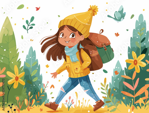 Cute schoolgirl with backpack. Back to school and education theme Vector illustration