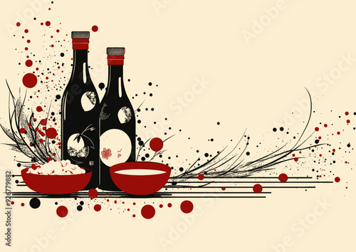 Stylized depiction of sake bottles, bowls, and abstract elements in red, black, and white tones, reflecting Japanese cultural aesthetics