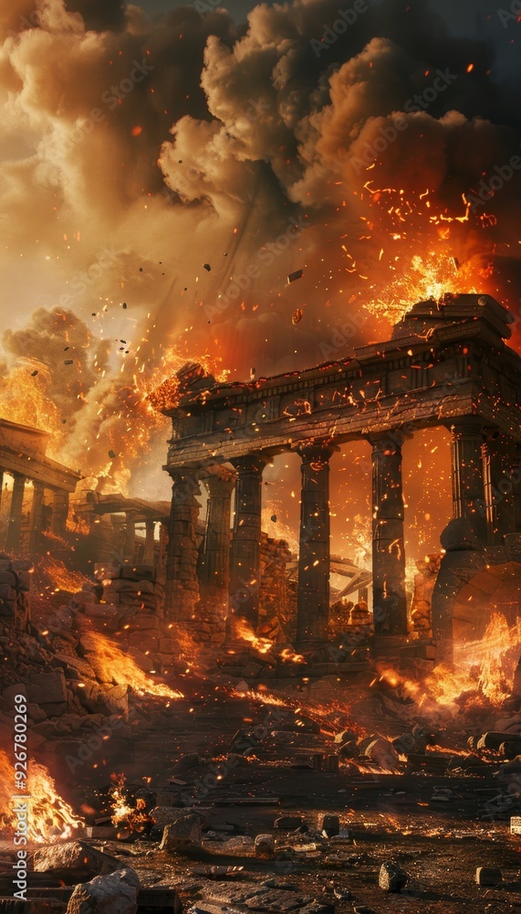 Fototapeta premium Realistic photo showing the destruction of troy with its walls engulfed in flames during the siege