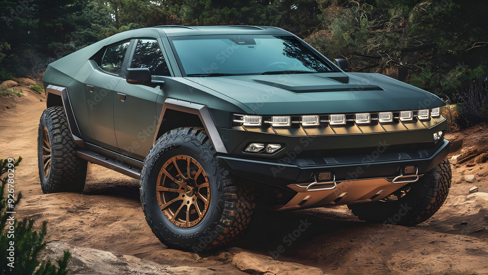 Naklejka premium Stunning image of a high-performance off-road vehicle, featuring a futuristic and stylish design, in a matte dark green color, and large, rugged tires with deep tread ideal for off-road adventures.