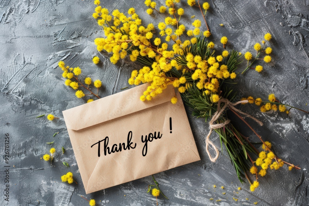 Naklejka premium an envelope with yellow mimosa flowers and the inscription 