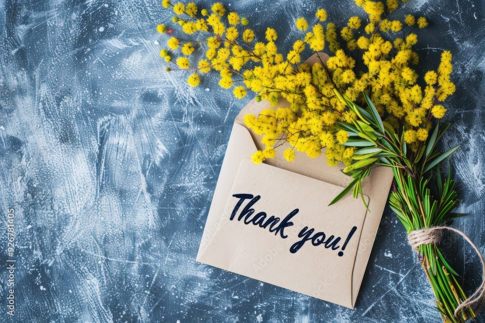 Naklejka premium an envelope with yellow mimosa flowers and the inscription 