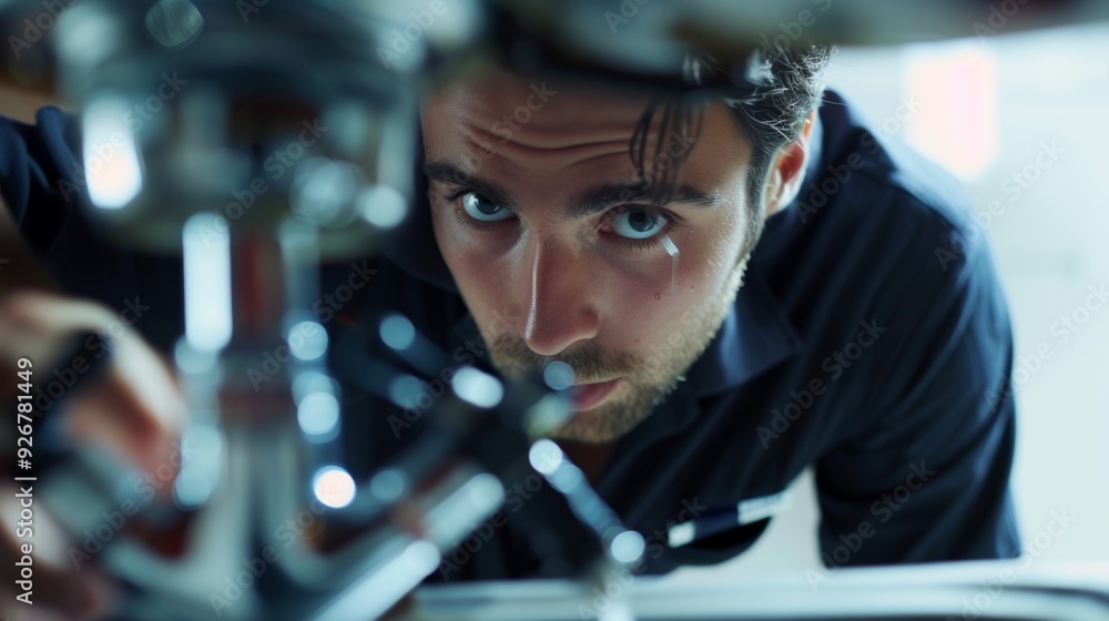 Home maintenance: engineering, plumbing, and man mending pipes near a sink. Male plumber or contractor improving or installing house filters. Home maintenance: engineering, plumbing, and man mending pipes near a sink. Male plumber or contractor improving or installing house filters.