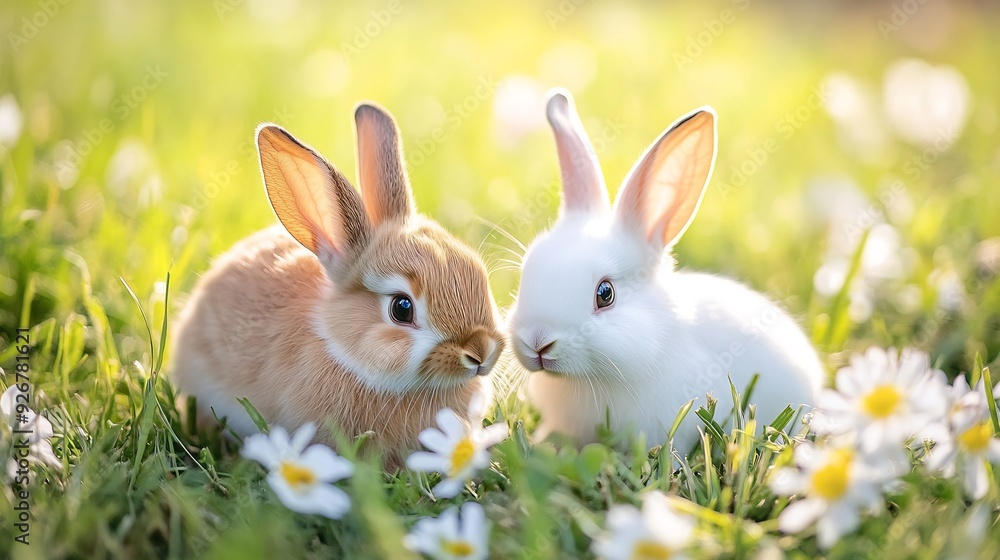 Two cute little easter rabbits looking at camera sitting in a narcissus flower field at golden hout Two cute little easter rabbits looking at camera sitting in a narcissus flower field at golden hout