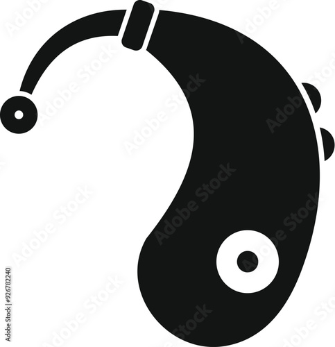 Black glyph icon of a hearing aid, a small device improving hearing loss for people with hearing impairment