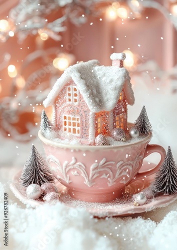 Miniature gingerbread house in a pink teacup surrounded by snow and festive decorations during winter photo