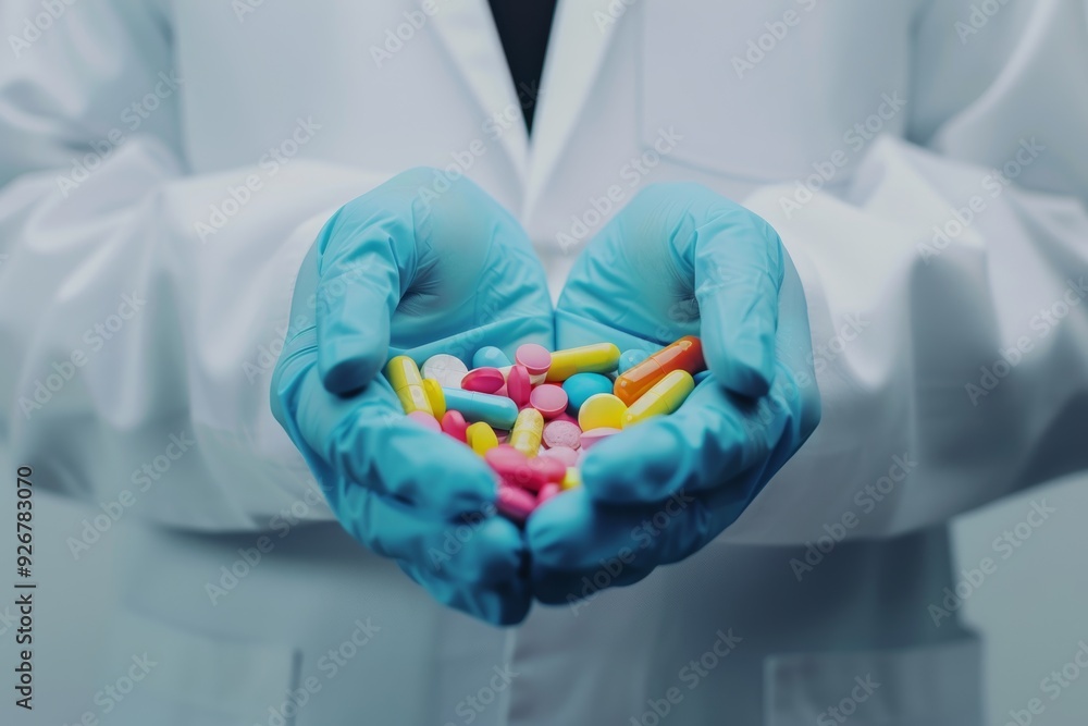 Doc in studio holds disease-treating medication. Medical, hospital, or professional health worker-held tablets carrying varieties of medicine Doc in studio holds disease-treating medication. Medical, hospital, or professional health worker-held tablets carrying varieties of medicine