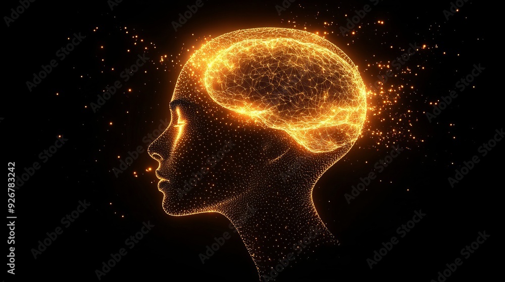 Human head with a luminous brain network representing consciousness and artificial intelligence