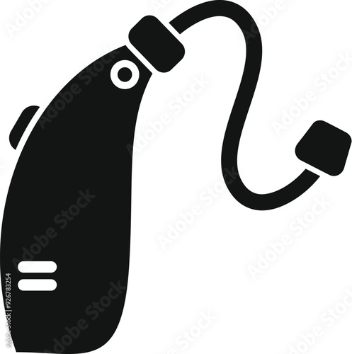 Simple black icon of a hearing aid device improving hearing for people with hearing loss