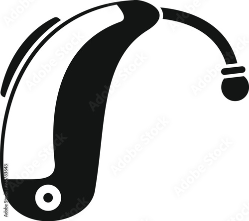 Black and white icon of a hearing aid, a device designed to improve hearing for individuals with hearing loss