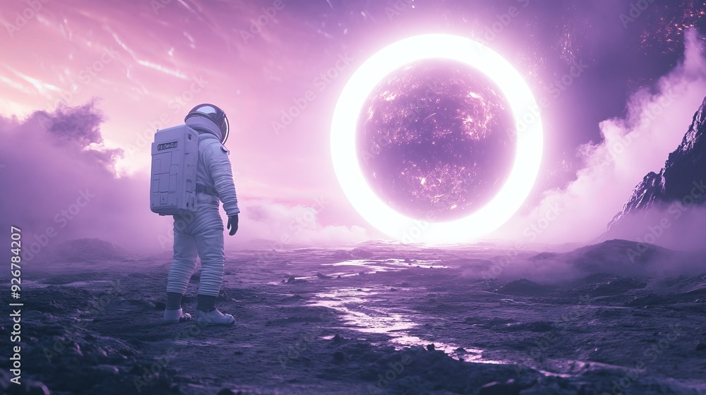 Fototapeta premium 3D render of an astronaut standing before a light portal on an alien planet in a science fiction universe 