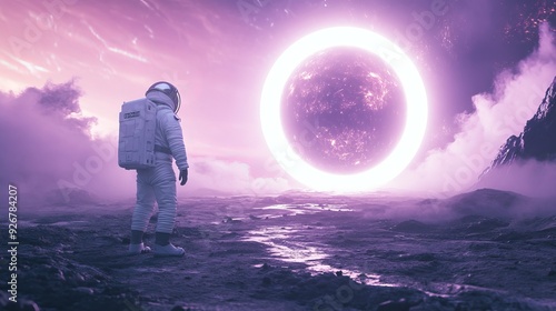 3D render of an astronaut standing before a light portal on an alien planet in a science fiction universe 