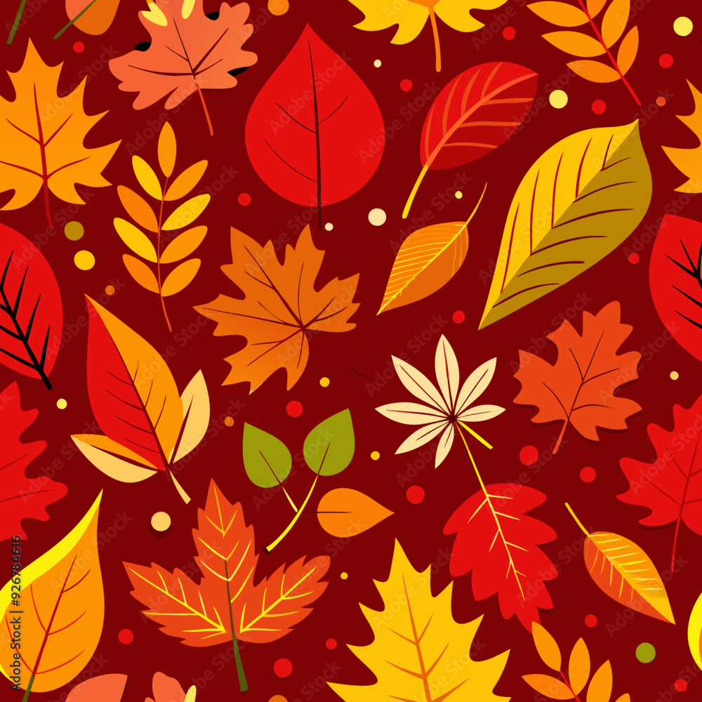 Autumn leaves in various shapes and colors are scattered across a , red background. Autumn leaves in various shapes and colors are scattered across a , red background.