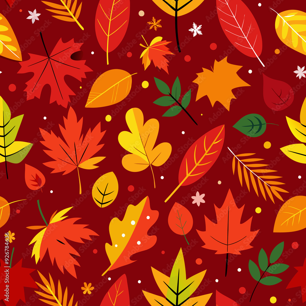 Autumn leaves in various shapes and colors are scattered across a , red background. Autumn leaves in various shapes and colors are scattered across a , red background.