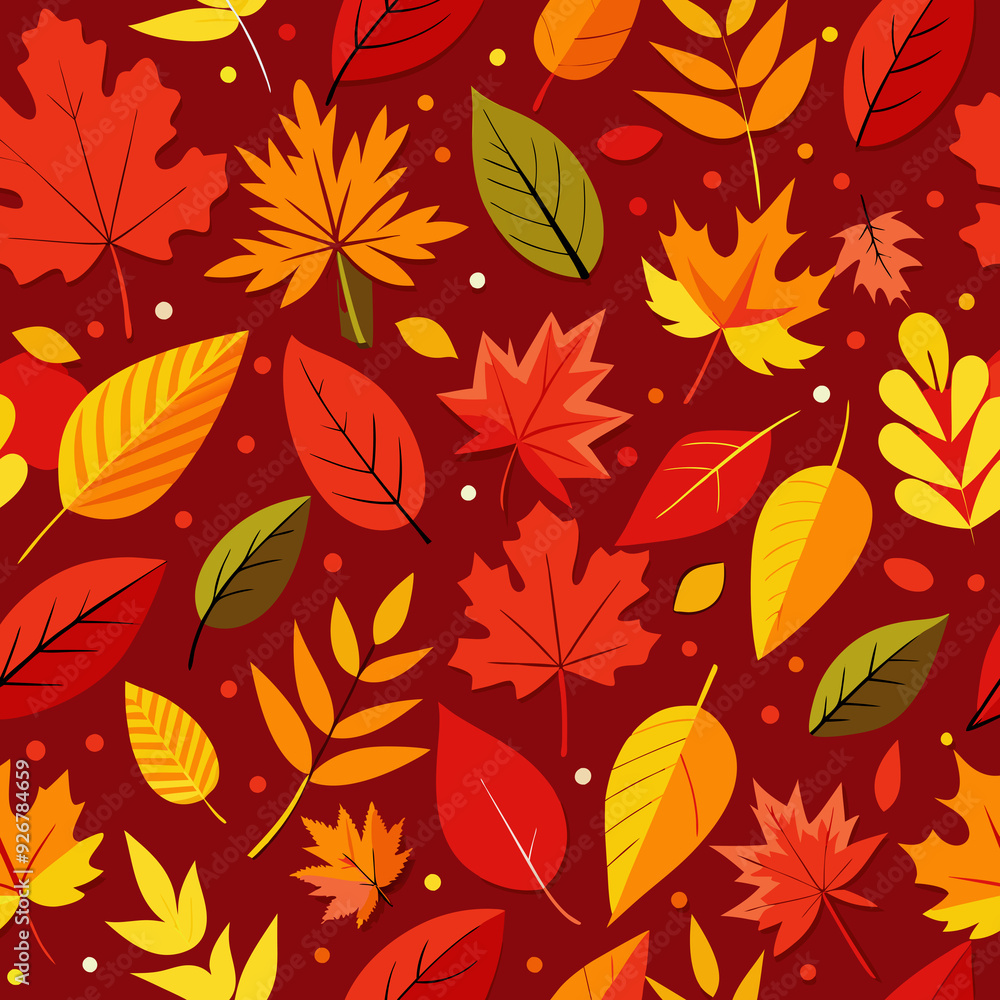Autumn leaves in various shapes and colors are scattered across a , red background. Autumn leaves in various shapes and colors are scattered across a , red background.